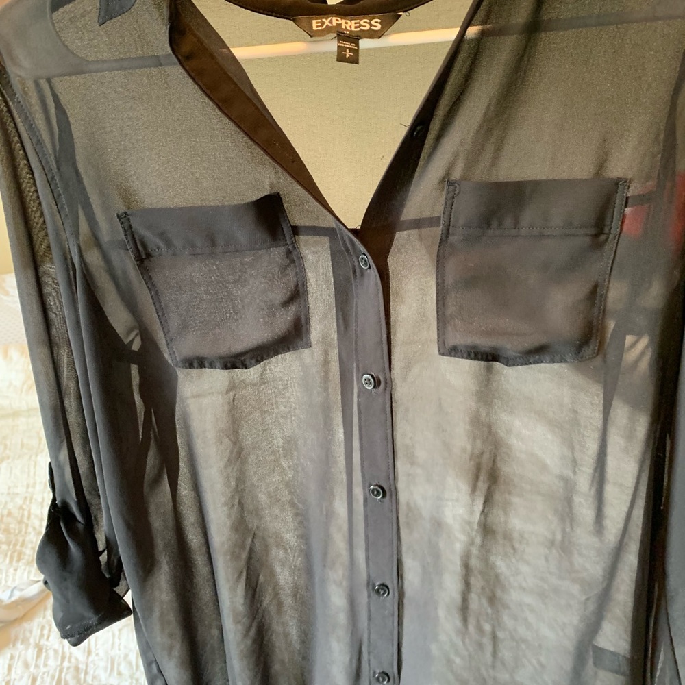 Express Black High/low button up sheer top